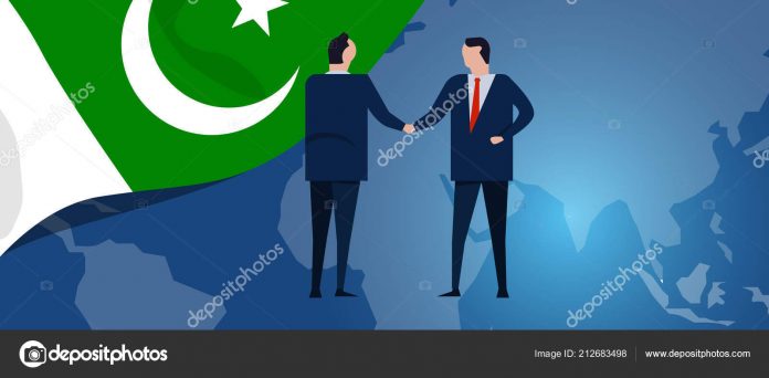 Pakistan international partnership. Diplomacy negotiation. Business relationship agreement handshake. Country flag and map. Corporate Global business investment.